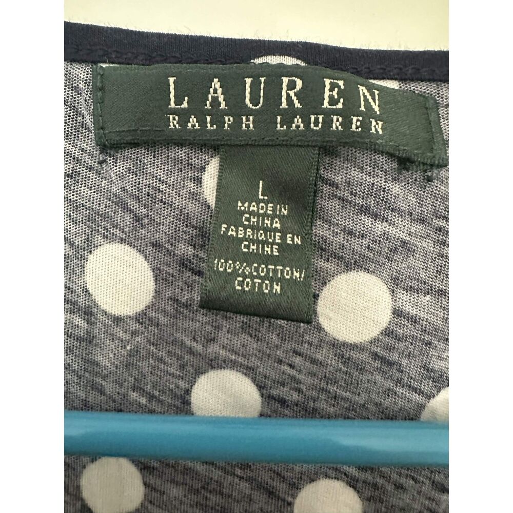 Lauren Ralph Lauren Navy White Polka Dot Ruffle Top Large Ruffle Neck Preppy - Picture 5 of 5